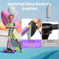 A young girl in a green dress rides a purple and yellow scooter minispider on a bright blue surface, with colorful balloon decorations in the background. The image highlights an "Updated Easy Remote Control" feature, showing a hand holding a remote on the scooter's handle, contrasting it with a blurred image labeled "Other Button Throttle.".