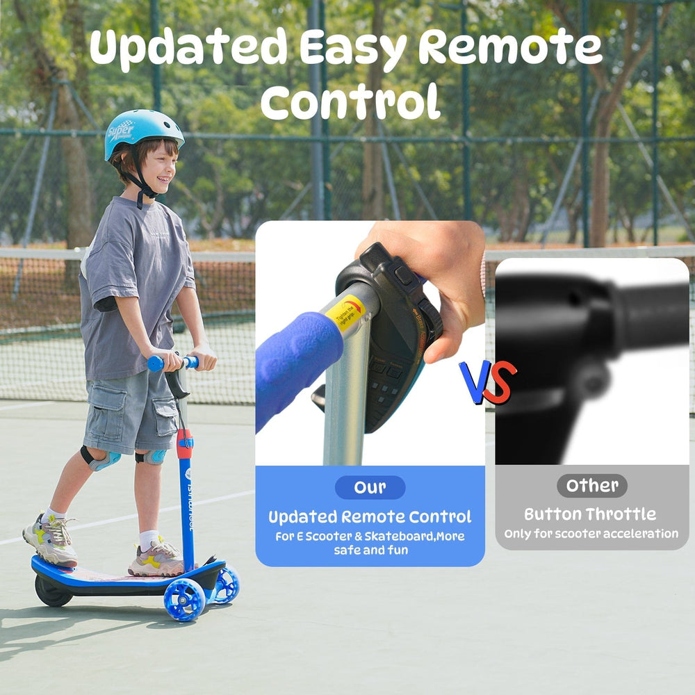 A child wearing a blue helmet rides a blue scooter minispider on a court, smiling as they glide. An inset comparison shows a hand holding an updated remote control with a blue grip versus a basic button throttle, highlighting the ease and safety of the new control for scooters and skateboards.