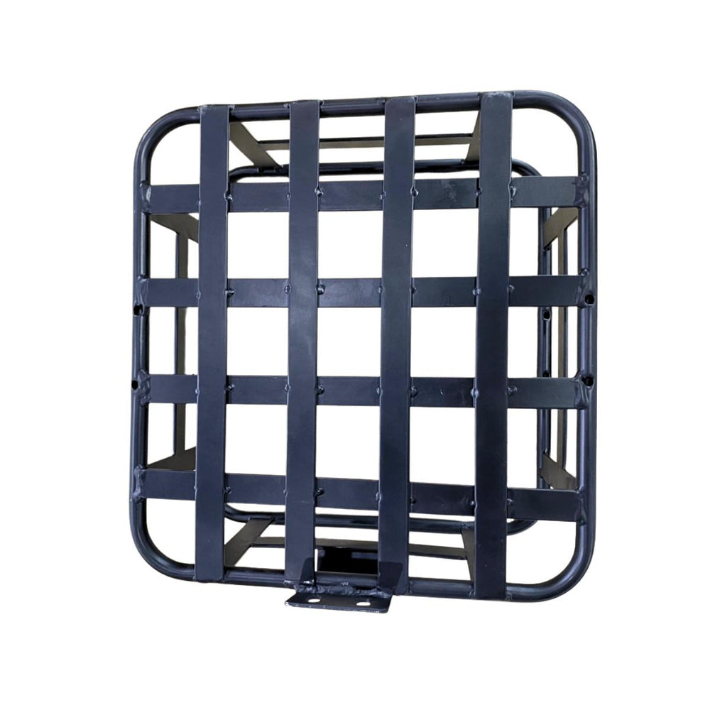 A black metal cargo basket with a grid pattern is shown, featuring rounded corners and a sturdy construction.