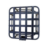 A black metal cargo basket with a grid pattern is shown, featuring rounded corners and a sturdy construction.