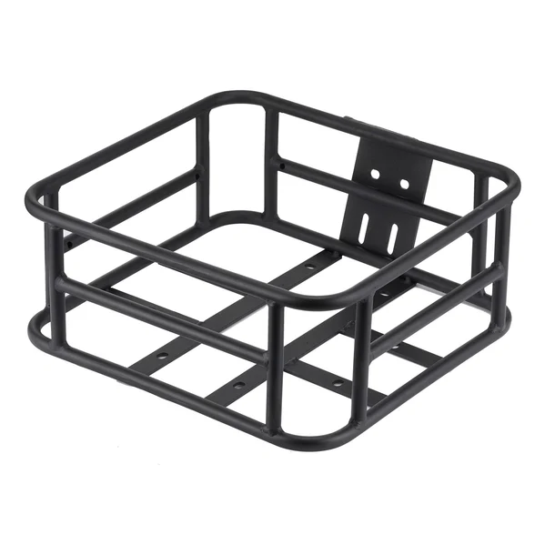 A black metal cargo basket with a sturdy rectangular frame, featuring multiple horizontal bars and a mounting bracket on one side.