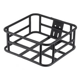 A black metal cargo basket with a sturdy rectangular frame, featuring multiple horizontal bars and a mounting bracket on one side.