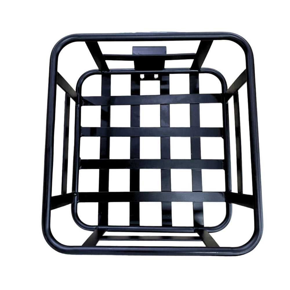 A black metal basket with a grid pattern, viewed from above, featuring rounded corners and sturdy construction.