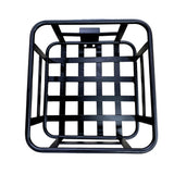 A black metal basket with a grid pattern, viewed from above, featuring rounded corners and sturdy construction.