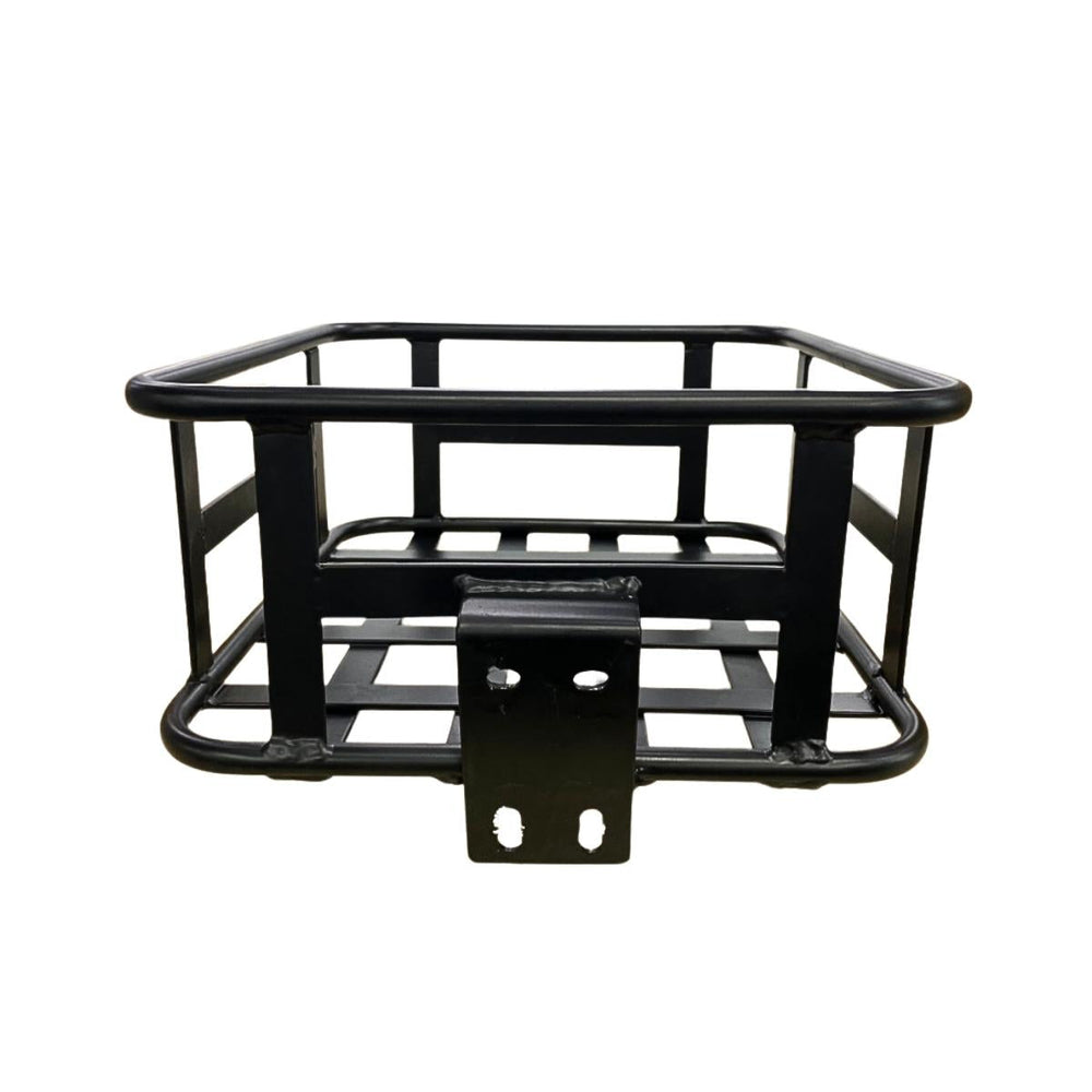 A black metal hitch cargo carrier basket with a grid design, featuring a sturdy frame and mounting bracket at the front.