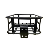A black metal hitch cargo carrier basket with a grid design, featuring a sturdy frame and mounting bracket at the front.