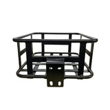 A black metal hitch cargo carrier basket with a grid design, featuring a sturdy frame and mounting bracket at the front.