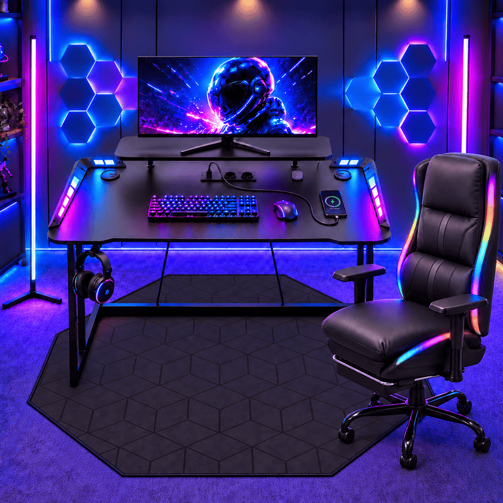 CyberCart Cybercart RGB Gaming Desk with Z-Shaped Sturdy Steel Frame & Carbon Fiber Textured Surface, Ergonomic PC Computer Table for Gamers