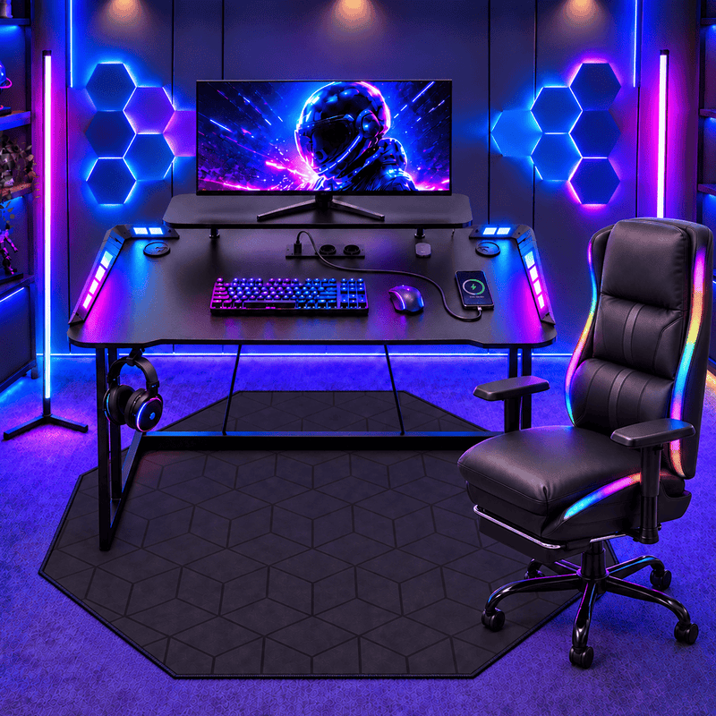 CyberCart Cybercart RGB Gaming Desk with Z-Shaped Sturdy Steel Frame & Carbon Fiber Textured Surface, Ergonomic PC Computer Table for Gamers