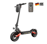 A sleek black electric scooter with rugged tires and red accents is displayed, featuring a sturdy frame and a mounted front headlight. An accompanying smartphone screen shows a control app, and a German flag with "ABE Approved" indicates certification.