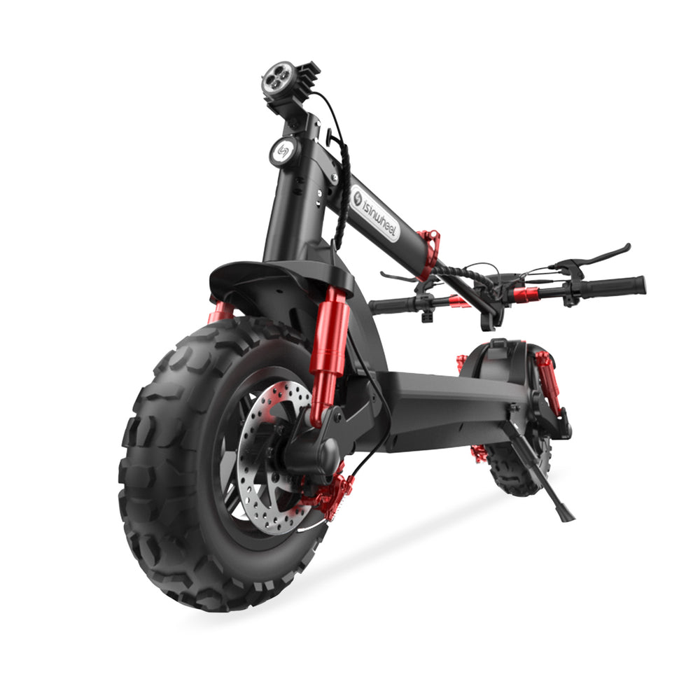 A rugged electric scooter GT2 with knobby tires and red suspension, featuring a sturdy black frame and handlebars, stands on a kickstand, ready for off-road adventures.