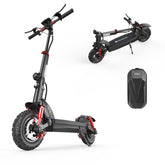 A sleek black electric scooter with red accents is shown in two positions: upright and folded. It features chunky tires and a robust frame. Also visible is a black remote control with a red "Scooter" label.