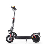 A sleek black electric scooter with rugged tires and red suspension, featuring a tall handlebar and a visible "GT2" label on the side, stands on a white background.