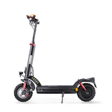 A sleek black electric scooter with rugged tires and red suspension, featuring a tall handlebar and a visible "GT2" label on the side, stands on a white background.