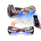 The iHoverboard Hoverboard for Kids (6.5" Self-Balancing, Bluetooth LED Lights, CE Certified-H1) is shown from two angles as a hand holds a phone with music app; bright notes represent the hoverboard’s Bluetooth speakers.