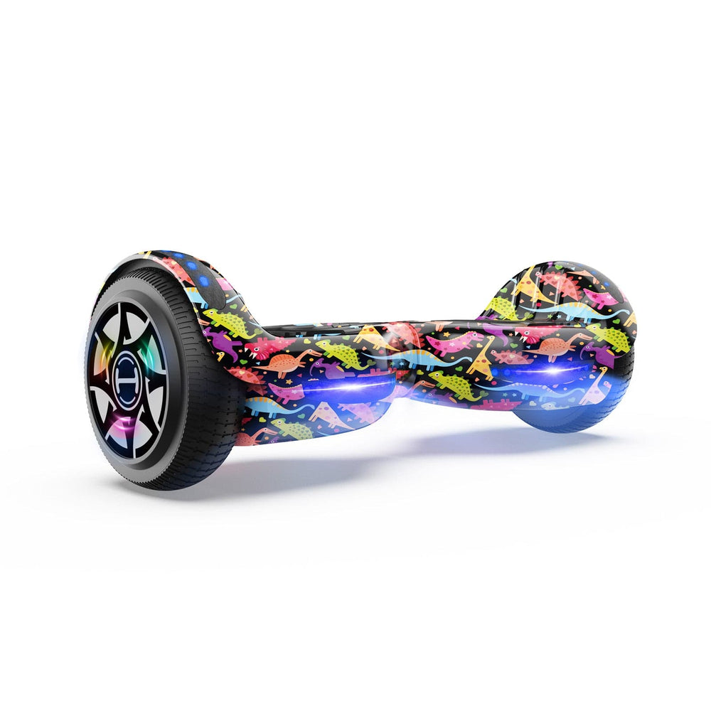 The iHoverboard Hoverboard for Kids, 6.5" Self-Balancing with Bluetooth and vibrant LED lights, features colorful cartoon dinosaur patterns on the wheels and sides; CE Certified-H1, shown on a white background.