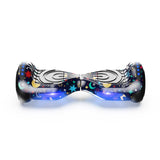 The iHoverboard Hoverboard for Kids, 6.5" Self-Balancing with Bluetooth and blue LED lights, features a black base with stars, moons, planets, and rockets design; front view against a white background. CE Certified-H1.