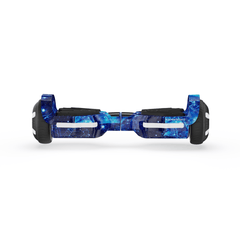 A hoverboard h2 with a striking blue galaxy design is displayed against a white background, featuring black footpads and sturdy black wheels.