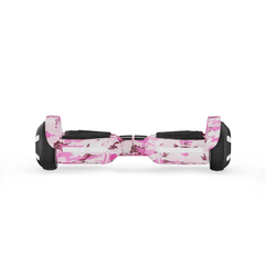 A hoverboard h2 with a vibrant pink camouflage pattern is displayed against a white background, featuring black footpads and sturdy black wheels.