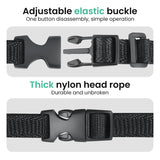 Two images show a black adjustable elastic buckle and a thick nylon head rope, highlighting their durability and simple one-button disassembly.