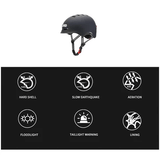 Black electric scooter helmet with features listed on a black background