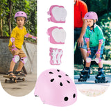 Two children are shown wearing protective gear: one skateboarding and the other rollerblading, both with pink helmets and pads. The image also displays close-ups of pink and white knee, elbow, and wrist pads, along with a pink helmet.