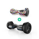 Two hoverboards are displayed, one with a vibrant, dinosaur pattern and the other in sleek black with rugged tires, separated by a green plus sign.