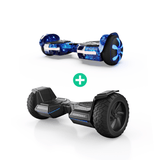 Two hoverboards are displayed on a white background. The top hoverboard features a vibrant galaxy design with blue and purple hues, while the bottom one is sleek and black with rugged, all-terrain tires and blue LED lights. A green plus sign is situated between them.