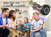 Family sitting on a couch with a child receiving a gift, with a hoverboard in the corner.