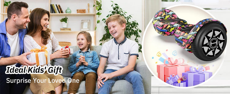 Family gathered on a couch with a hoverboard and gift box, promoting it as an ideal kids' gift.