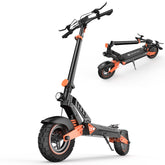 An electric scooter D2 in a standing position, showcasing a sleek black frame with orange accents. The scooter features a robust tire design and has a compact version displayed beside it, highlighting its foldable capability.
