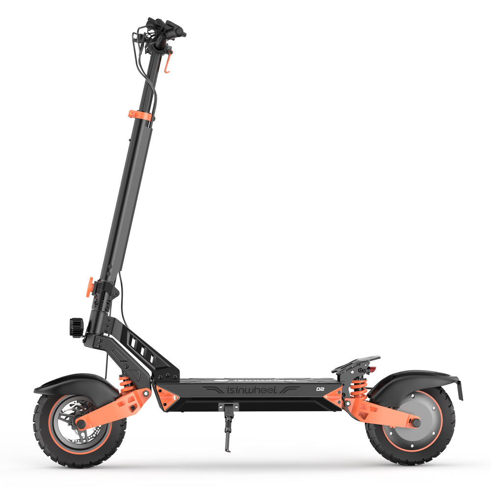 A black and orange electric scooter D2 with a sturdy frame, wide tires, and a height-adjustable handlebar, positioned against a white background.