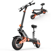A sleek black and orange electric scooter D2plus with a seat, featuring thick tires and a sturdy design, is shown in two configurations: upright and folded.