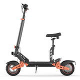 A sleek electric scooter D2 plus with a black and orange design, featuring a comfortable seat and sturdy frame, is shown in a side view. The scooter has large, rugged tires and a kickstand, suggesting it's built for durability and versatility.