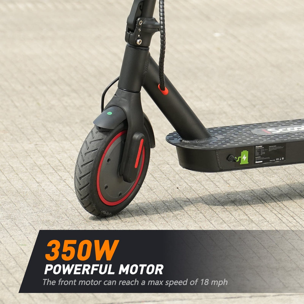 A close-up of an electric scooter's front wheel with a 350W motor, featuring a black and red design. The deck displays a charging symbol, and the text highlights the scooter's capability to reach a maximum speed of 18 mph.