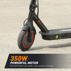 A close-up of an electric scooter's front wheel with a 350W motor, featuring a black and red design. The deck displays a charging symbol, and the text highlights the scooter's capability to reach a maximum speed of 18 mph.
