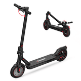 A sleek black i8 electric scooter with red accents is shown in two positions: upright and folded. The scooter features a sturdy handlebar, a textured deck with the word "Scooter," and red-trimmed wheels, highlighting its modern design and portability.