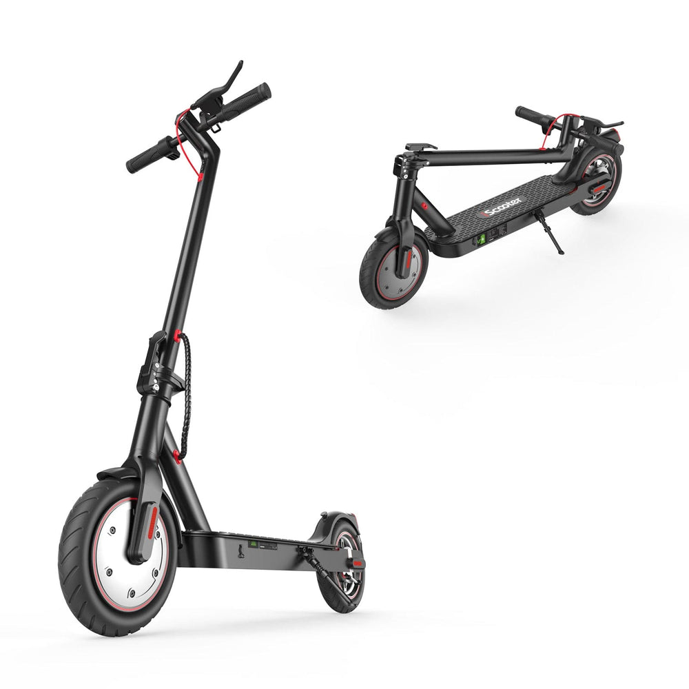 A sleek black electric scooter i8 is shown in two positions: upright and folded. The scooter features red accents, a sturdy frame, and thick tires, highlighting its modern design and portability.
