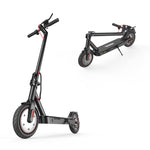 A sleek black electric scooter i8 is shown in two positions: upright and folded. The scooter features red accents, a sturdy frame, and thick tires, highlighting its modern design and portability.