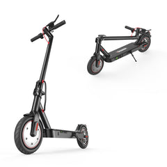 A sleek black electric scooter i8 is shown in two positions: upright and folded. The scooter features red accents, a sturdy frame, and thick tires, highlighting its modern design and portability.