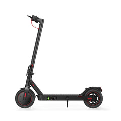 A sleek black electric scooter i8 is shown from a low angle, highlighting its sturdy frame and large, treaded front wheel. The handlebars are visible in the background, and the scooter is equipped with a kickstand.