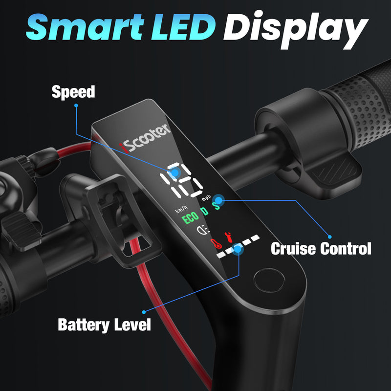 Close-up of a i8 scooter's smart LED display showing speed, cruise control, and battery level indicators, with a sleek black design and labeled features.