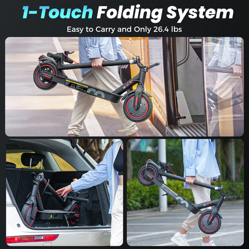 A person demonstrates the portability of a sleek, black folding scooter i8 with red accents. In one image, they carry it easily while boarding a bus. Another image shows the scooter being placed into a car trunk, highlighting its compact design. The scooter weighs only 26.4 lbs, emphasizing its convenience for urban travel.