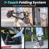 A person demonstrates the portability of a sleek, black folding scooter i8 with red accents. In one image, they carry it easily while boarding a bus. Another image shows the scooter being placed into a car trunk, highlighting its compact design. The scooter weighs only 26.4 lbs, emphasizing its convenience for urban travel.