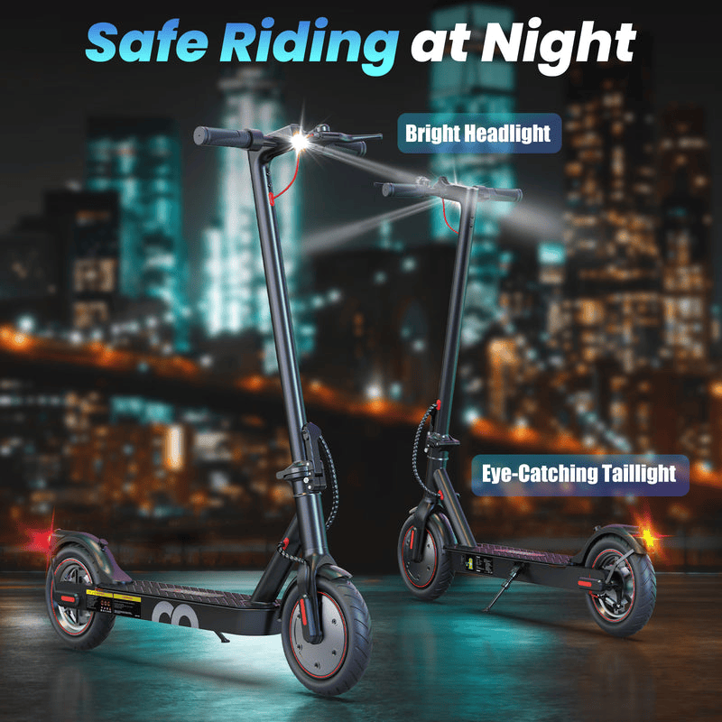 Two sleek i8 electric scooters are shown against a city night backdrop, featuring a bright headlight and eye-catching taillight for safe riding.