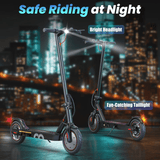 Two sleek i8 electric scooters are shown against a city night backdrop, featuring a bright headlight and eye-catching taillight for safe riding.