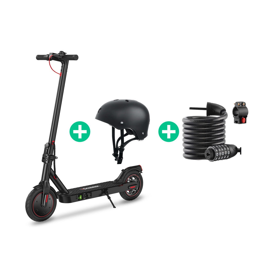 A sleek black i8 electric scooter is paired with a matching helmet and a coiled combination lock, showcasing a complete set for safe and secure riding.