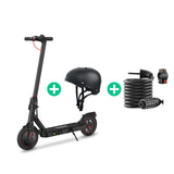 A sleek black i8 electric scooter is paired with a matching helmet and a coiled combination lock, showcasing a complete set for safe and secure riding.