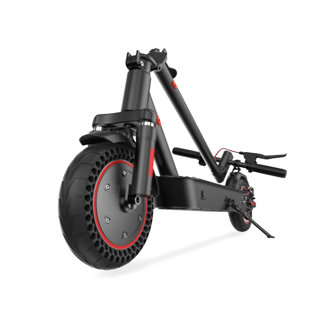 A sleek black electric scooter i9Max with red accents is shown folded, highlighting its sturdy front wheel and compact design, set against a plain white background.