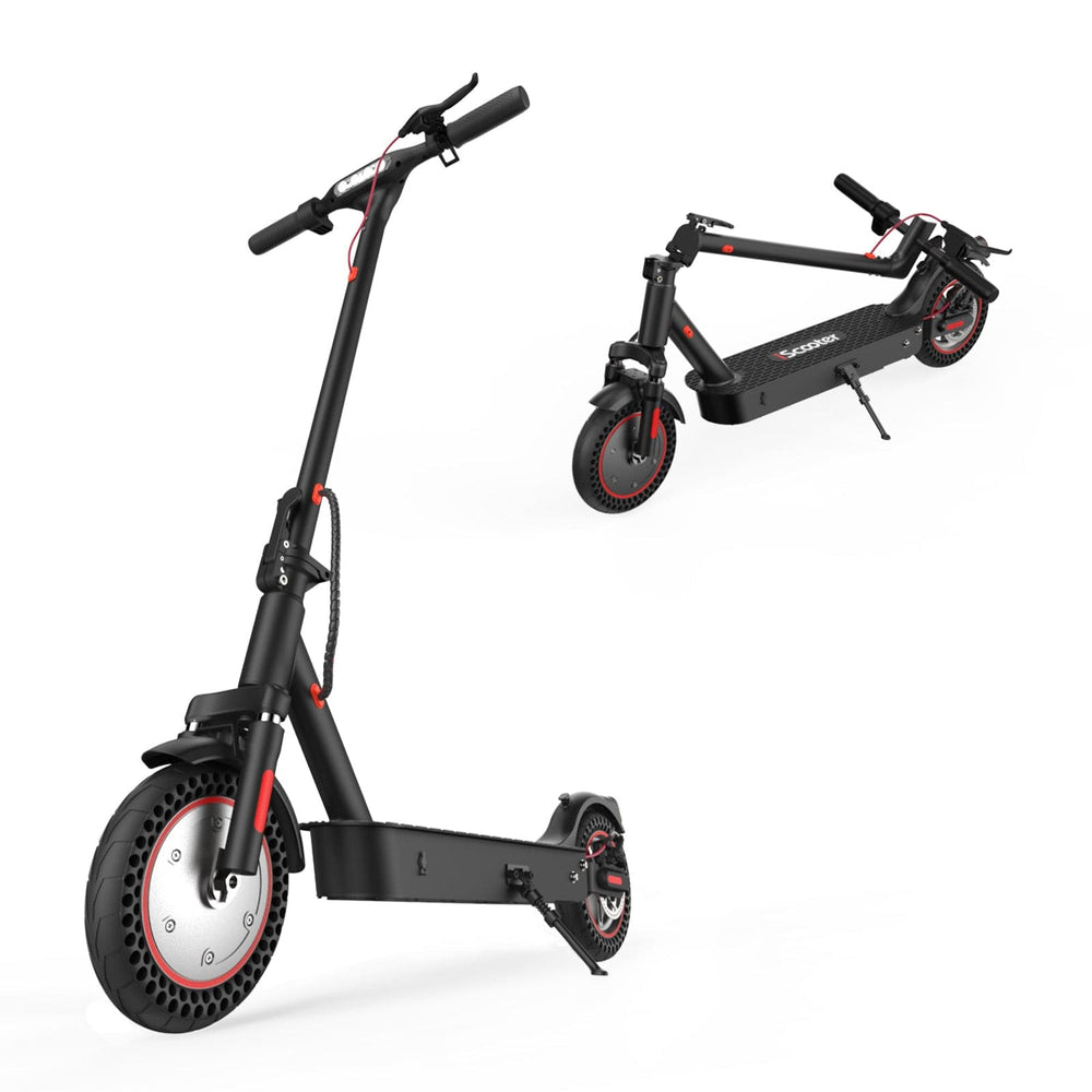 A sleek black electric scooter i9Max is shown in two states: one standing upright and the other folded. The scooter features red accents, solid wheels, and a sturdy frame, making it ideal for urban commuting.